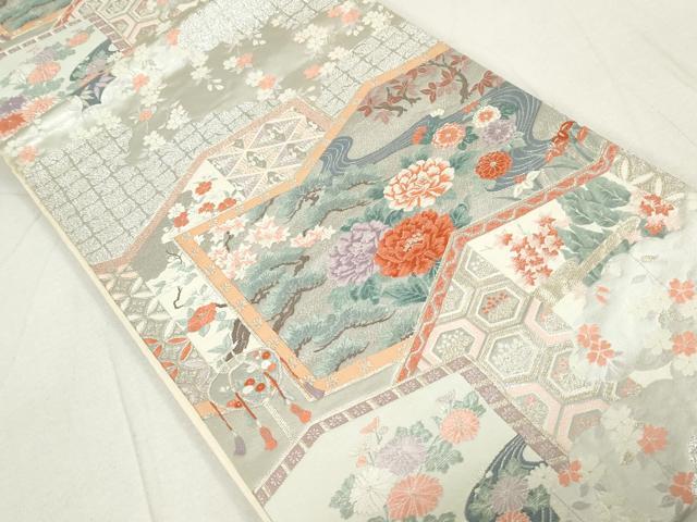平和屋着物◎六通柄袋帯 唐織 流水花松文 屏風 銀糸 正絹 逸品 DAAU1366qa