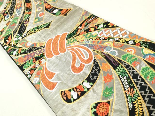 平和屋着物◎六通柄袋帯 唐織 吉祥束ね熨斗花文 黒地 金銀糸 正絹 逸品 DAAU1385qa