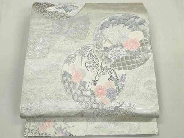 平和屋着物◎六通柄袋帯 唐織 九百錦 群れ鶴花丸文 プラチナ箔 正絹 逸品 DAAU1676xg