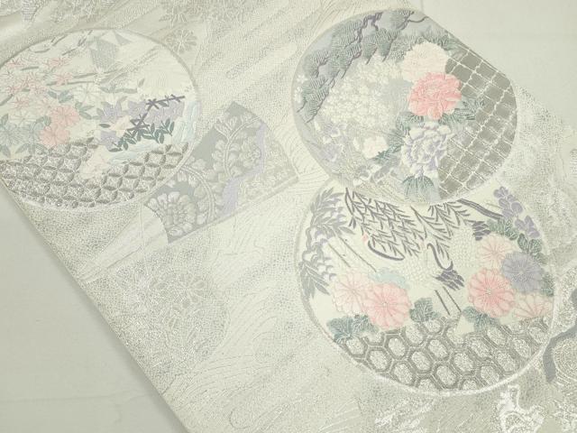 平和屋着物◎六通柄袋帯 唐織 九百錦 群れ鶴花丸文 プラチナ箔 正絹 逸品 DAAU1676xg