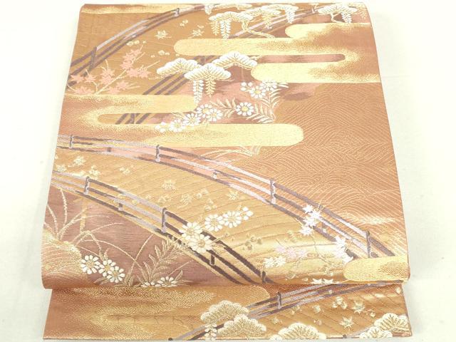 平和屋着物◎六通柄袋帯 唐織 渡橋花文 金糸 正絹 逸品 DAAU1834xg