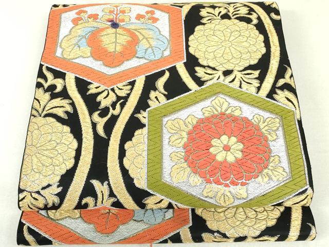 平和屋着物◎六通柄袋帯 唐織 立涌亀甲花文 黒地 金銀糸 正絹 逸品 DAAU1853xg