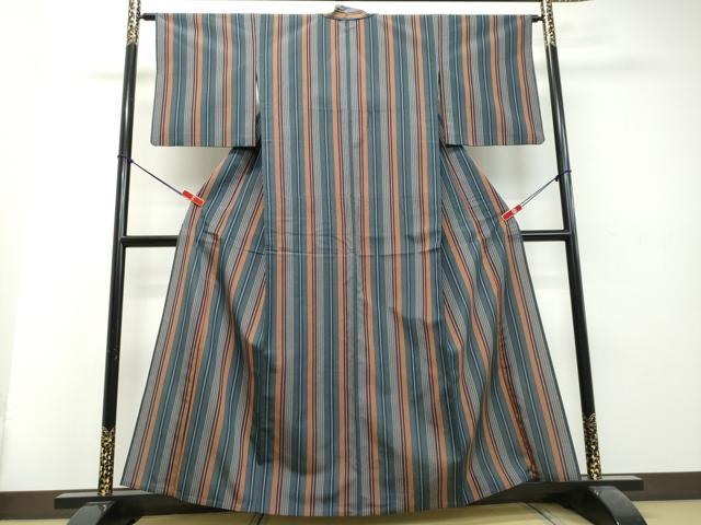 平和屋着物▽上質な紬 単衣 縞 正絹 逸品 DAAU2232ud