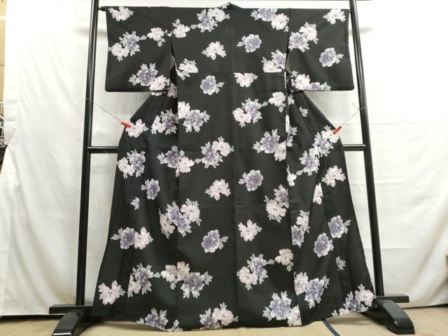 平和屋着物▽小紋 単衣 舞花文 黒地 洗える着物 DAAU2657ud