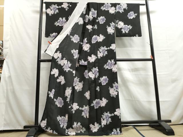 平和屋着物▽小紋 単衣 舞花文 黒地 洗える着物 DAAU2657ud