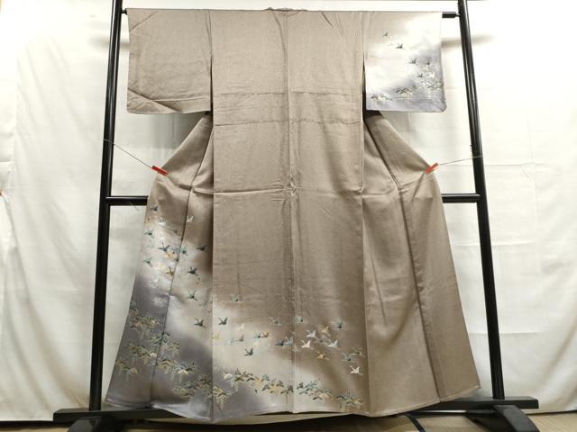 平和屋着物▽訪問着 単衣 飛鶴松文 暈し染め 金銀彩 反端付き 正絹 逸品 DAAU2673ud