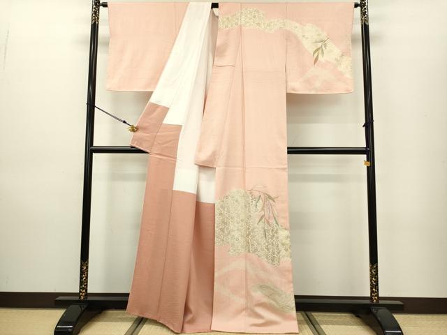 平和屋着物●訪問着 絞り 刺繍 草花文 宍色 金彩 正絹 逸品 DAAU3945du