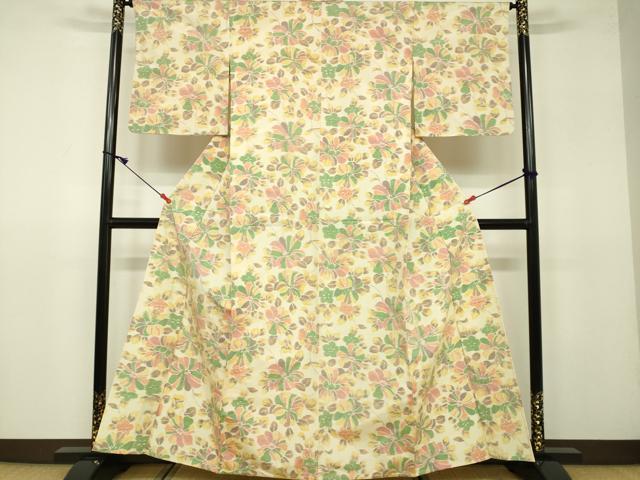 平和屋着物▽上質な紬 単衣 草花文 正絹 逸品 DAAU3973du