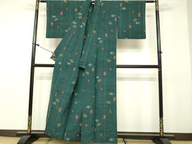 平和屋着物▽上質な紬 単衣 琉球絣文様 正絹 逸品 DAAU3987du