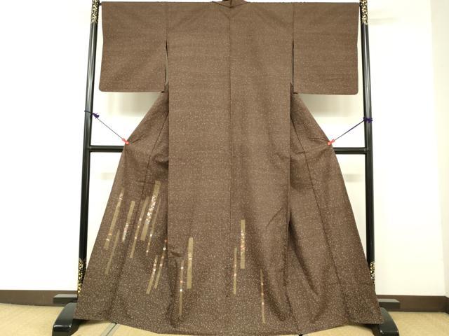 平和屋着物▽訪問着 単衣 紬地 刺繍 草花間道 金糸 正絹 逸品 DAAU3993du
