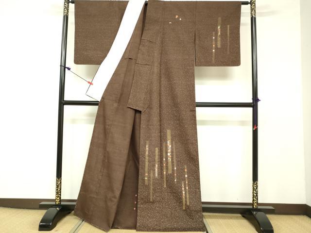 平和屋着物▽訪問着 単衣 紬地 刺繍 草花間道 金糸 正絹 逸品 DAAU3993du