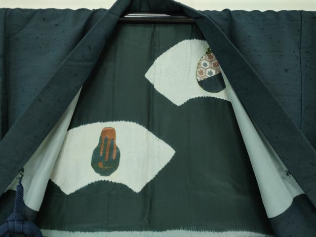 平和屋着物●男性 髭紬 アンサンブル 長羽織 濃紺地 正絹 逸品 DAAU5118ps