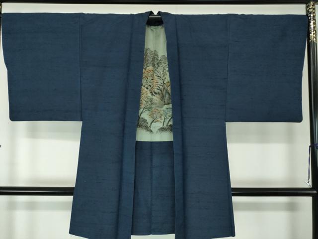 平和屋着物●男性 紬 アンサンブル 長羽織 色無地 濃紺地 正絹 逸品 DAAU5123ps