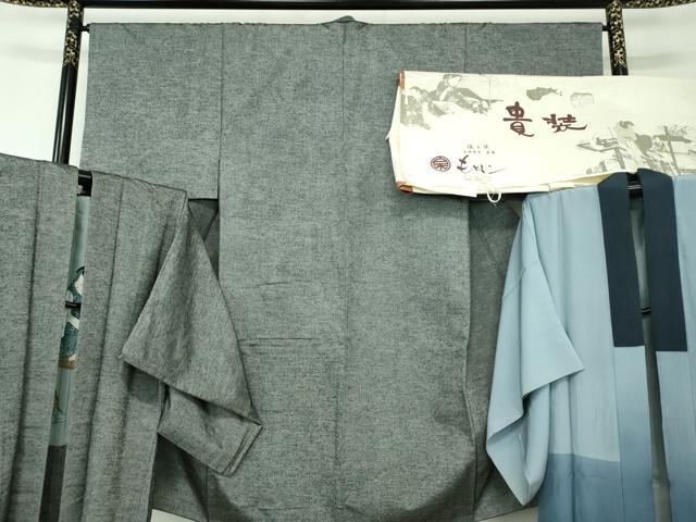 平和屋着物●男性 銀座もとじ 紬 アンサンブル・長襦袢(袷)セット 濃灰色 たとう紙付き 正絹 逸品 DAAU5124ps