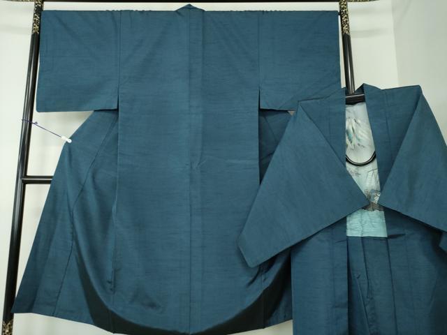 平和屋着物●男性 紬 アンサンブル 長羽織 色無地 紺地 正絹 逸品 DAAU5290ps