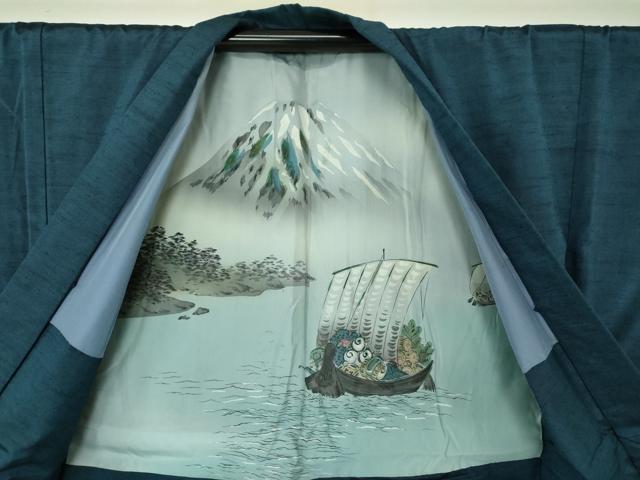 平和屋着物●男性 紬 アンサンブル 長羽織 色無地 紺地 正絹 逸品 DAAU5290ps