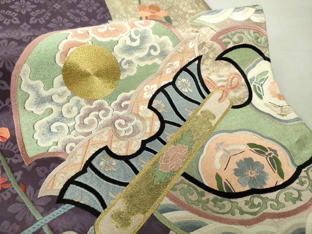 平和屋着物●アンティーク 大正ロマン 両面 太鼓柄袋帯 引き抜き帯 駒刺繍 総刺繍 鳥兜花文 金彩 楽器花文 逸品 DAAU5302ps