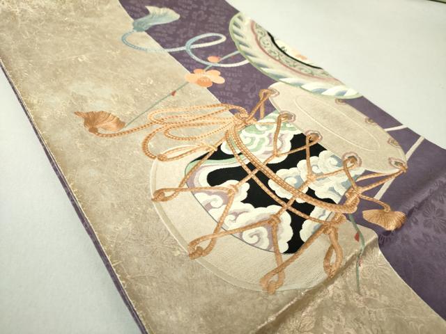 平和屋着物●アンティーク 大正ロマン 両面 太鼓柄袋帯 引き抜き帯 駒刺繍 総刺繍 鳥兜花文 金彩 楽器花文 逸品 DAAU5302ps