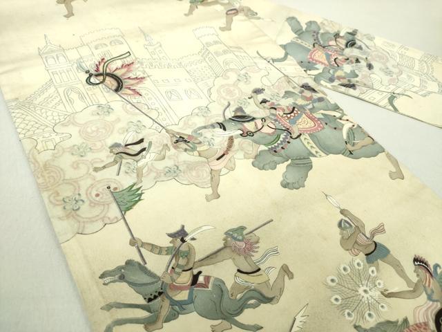 平和屋着物●アンティーク 大正ロマン 九寸名古屋帯 手描き 駒刺繍 異国人物狩猟風景 象 金糸 正絹 逸品 DAAU5307ps