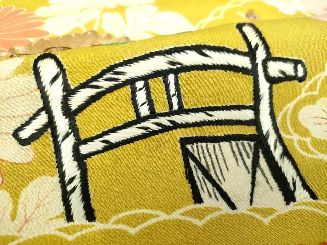 平和屋着物●アンティーク 大正ロマン 九寸名古屋帯 駒刺繍 吉祥風景花文 鬼しぼ縮緬 金糸 正絹 逸品 DAAU5309ps