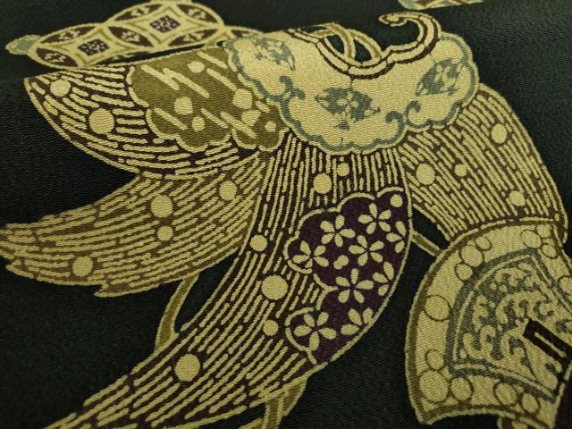 平和屋着物●九寸名古屋帯 型染 宝尽くし 黒地 鬼しぼ縮緬 正絹 逸品 DAAU5465ps