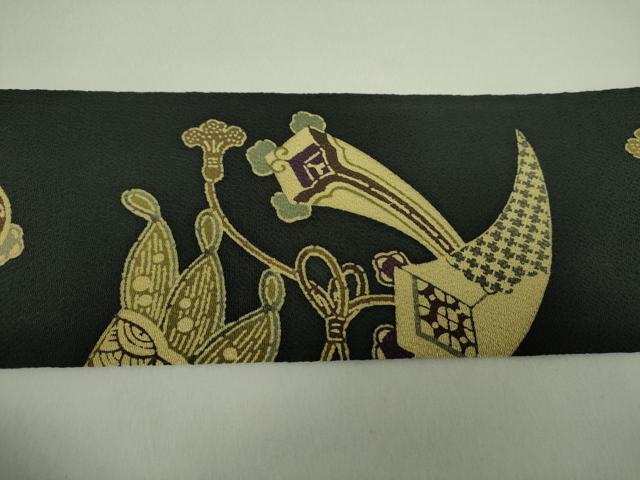 平和屋着物●九寸名古屋帯 型染 宝尽くし 黒地 鬼しぼ縮緬 正絹 逸品 DAAU5465ps