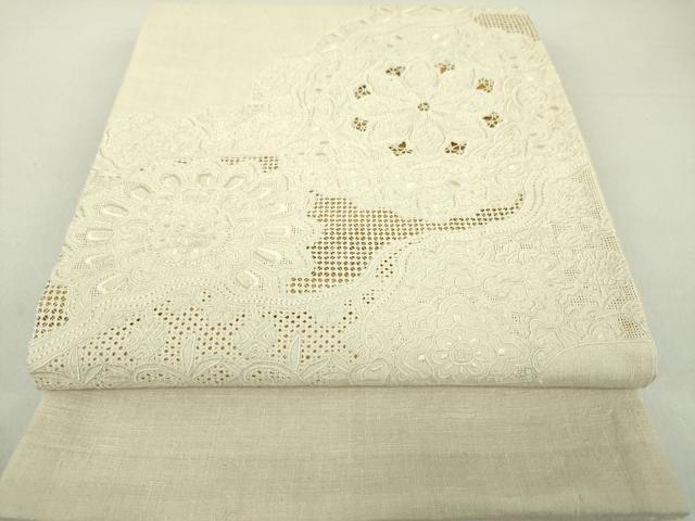 平和屋着物●中国三大刺繍 スワトウ相良刺繍 汕頭相良刺繍 総刺繍 太鼓柄袋帯 紬地 正倉院花文 練色 正絹 逸品 未使用 DAAU5483ps