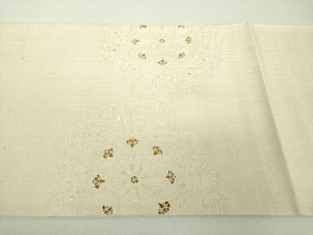 平和屋着物●中国三大刺繍 スワトウ相良刺繍 汕頭相良刺繍 総刺繍 太鼓柄袋帯 紬地 正倉院花文 練色 正絹 逸品 未使用 DAAU5483ps