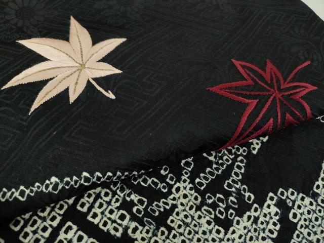 平和屋着物●九寸名古屋帯 絞り 駒刺繍 地紙楓文 黒地 金糸 正絹 逸品 DAAU5498ps