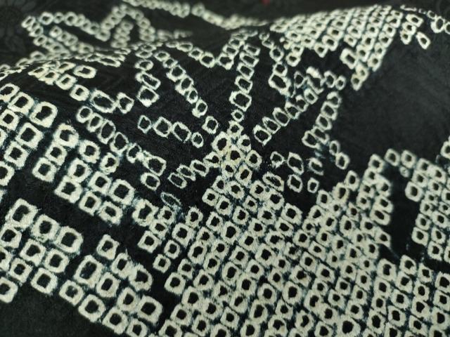 平和屋着物●九寸名古屋帯 絞り 駒刺繍 地紙楓文 黒地 金糸 正絹 逸品 DAAU5498ps