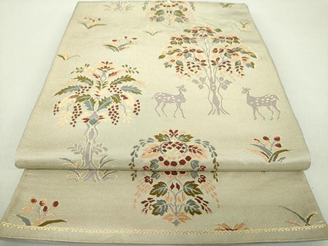 平和屋着物●六通柄 本袋帯 樹下獣花文 金糸 正絹 逸品 DAAU5668ps