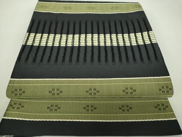 平和屋着物●花織 六通柄袋帯 横段文 黒地 正絹 逸品 DAAU5915ps