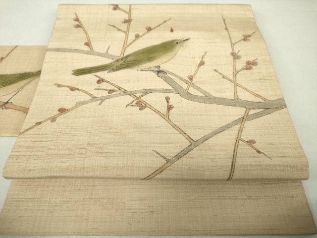 平和屋着物●九寸名古屋帯 紬地 作家物 手描き 鶯 枝蕾 梅 正絹 逸品 DAAU5951ps