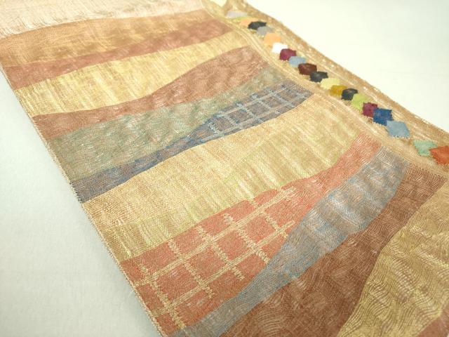 平和屋着物▽太鼓柄袋帯 スリーシーズン帯 春 夏 秋 櫛織り 菱繋ぎ間道 金糸 正絹 逸品 DAAU5970ps