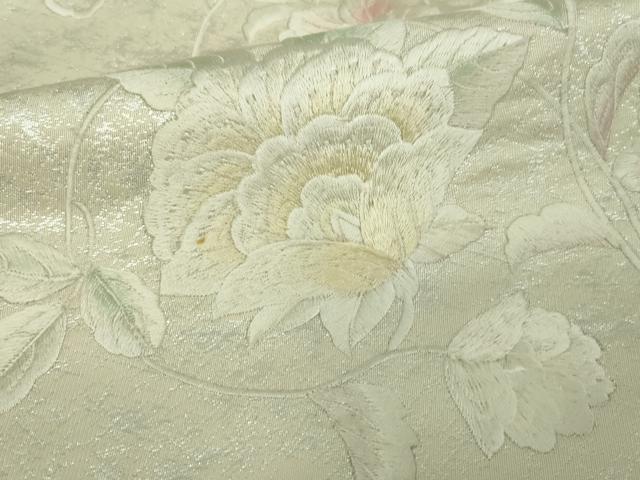 平和屋着物▼西陣 太鼓柄袋帯 総刺繍 草花文 銀糸 正絹 逸品 DAAU6082sf