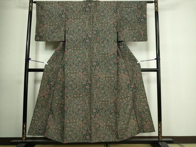 平和屋着物▽小紋 単衣 更紗花文 洗える着物 DAAU6376sf