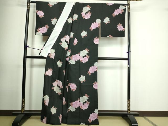 平和屋着物▽小紋 単衣 牡丹文 黒地 洗える着物 DAAU6383sf
