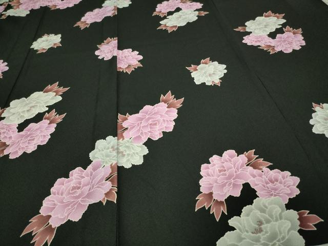 平和屋着物▽小紋 単衣 牡丹文 黒地 洗える着物 DAAU6383sf