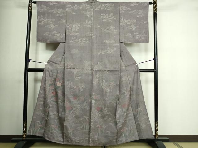 平和屋着物▽訪問着 単衣 刺繍 紬地 流水草花文 正絹 逸品 DAAU6415sf