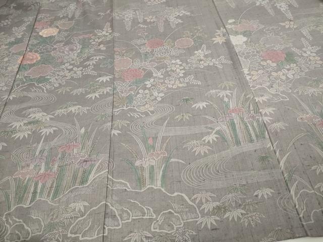 平和屋着物▽訪問着 単衣 刺繍 紬地 流水草花文 正絹 逸品 DAAU6415sf