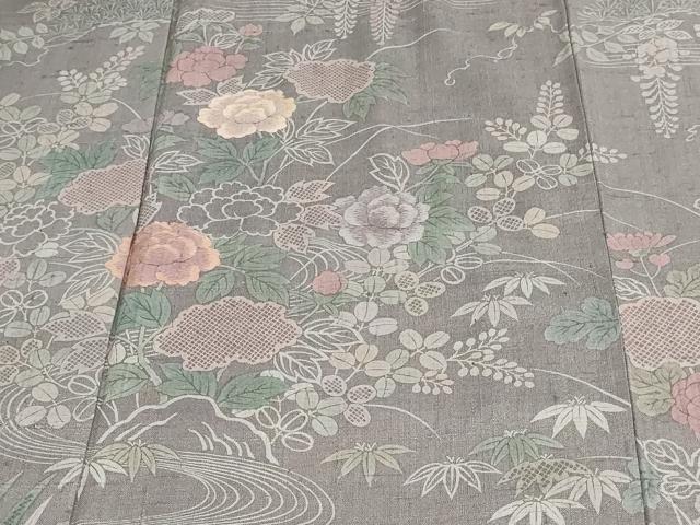 平和屋着物▽訪問着 単衣 刺繍 紬地 流水草花文 正絹 逸品 DAAU6415sf