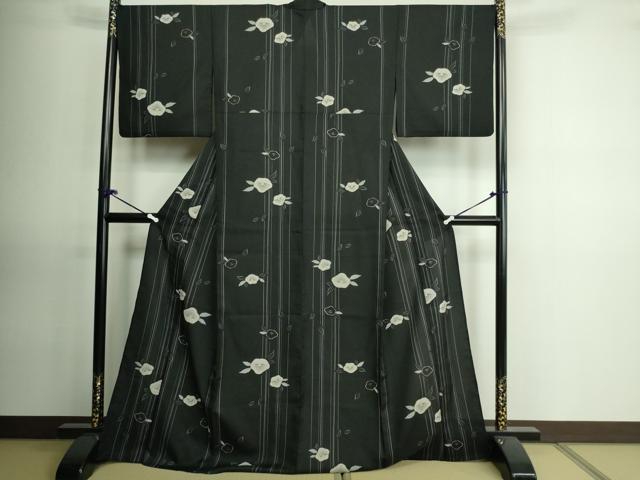 平和屋着物▽小紋 単衣 舞花文 黒地 洗える着物 DAAU6438sf