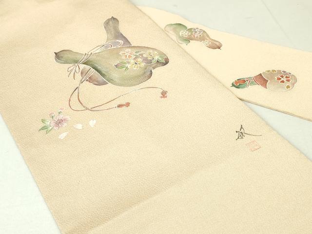 平和屋着物●京友禅作家 黒島敏 九寸名古屋帯 手描き 瓢箪 草花文 肌色 鬼しぼ縮緬 正絹 逸品 DAAU6645ob