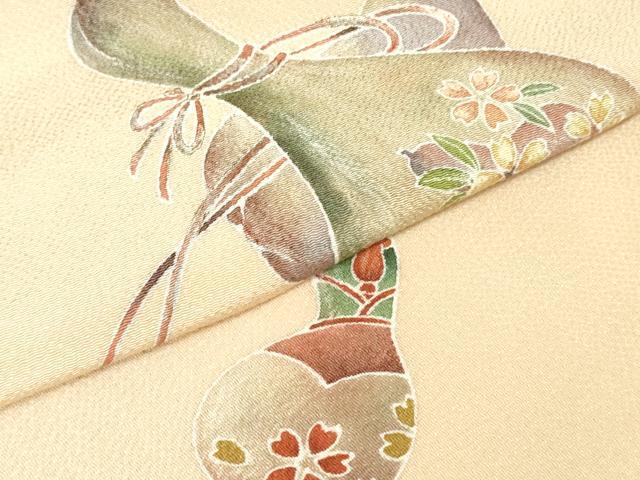 平和屋着物●京友禅作家 黒島敏 九寸名古屋帯 手描き 瓢箪 草花文 肌色 鬼しぼ縮緬 正絹 逸品 DAAU6645ob