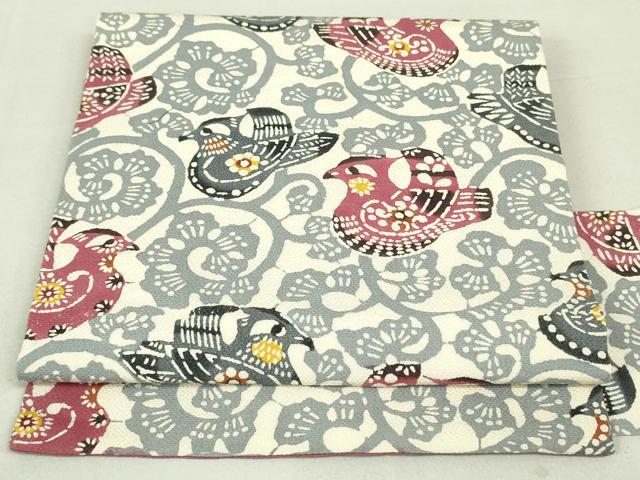 平和屋着物●九寸名古屋帯 型染め 花鳥唐草文 鬼しぼ縮緬 正絹 逸品 DAAU6664ob