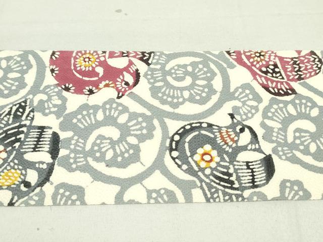 平和屋着物●九寸名古屋帯 型染め 花鳥唐草文 鬼しぼ縮緬 正絹 逸品 DAAU6664ob