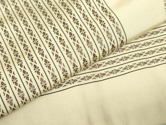 平和屋着物●本場筑前博多織 両面 半幅帯 献上 縞 練色 正絹 逸品 DAAU6709ob