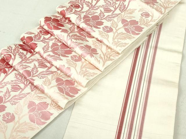 平和屋着物●本場筑前博多織 両面 半幅帯 草花間道 縞 正絹 逸品 DAAU6710ob
