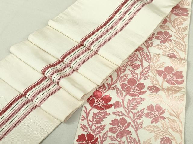 平和屋着物●本場筑前博多織 両面 半幅帯 草花間道 縞 正絹 逸品 DAAU6710ob
