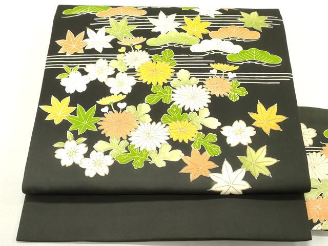 平和屋着物●塩瀬 九寸名古屋帯 草花松文 黒地 金彩 正絹 逸品 DAAU6758ob